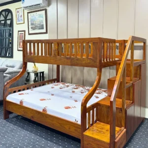 Walnut-tone double decker bed with 3.5×6 upper level, 5×6 lower level, guard rails and side staircase