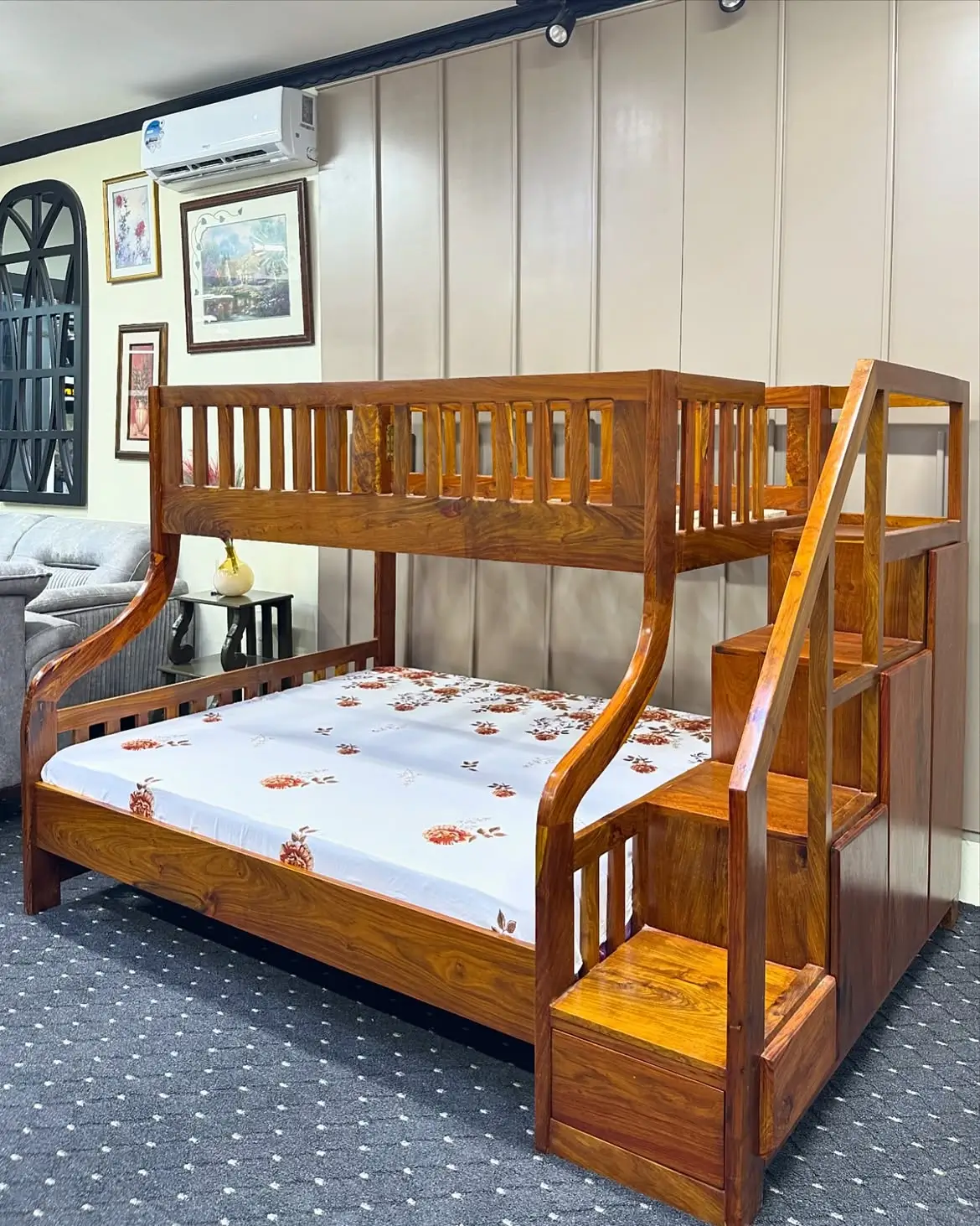 Walnut-tone double decker bed with 3.5×6 upper level, 5×6 lower level, guard rails and side staircase