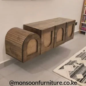 Walnut-brown 5 ft floating TV console with arched woven rattan-style front panels mounted on a wall