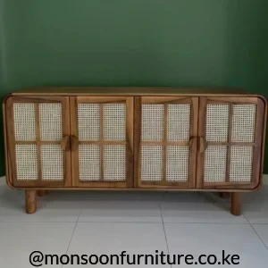 Warm brown 4-door Hazeran sideboard cabinet with light woven panels, rounded corners and raised legs.