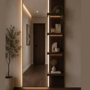 Walnut wall mirror with dark vertical slatted panel, four display shelves and warm accent lighting