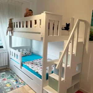 White 3×6 double decker bed with staircase, storage compartments and two sleeping levels in a children's bedroom