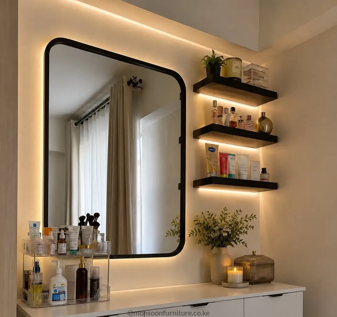 White dressing table with drawer storage, black rounded-corner backlit mirror and black wall shelves