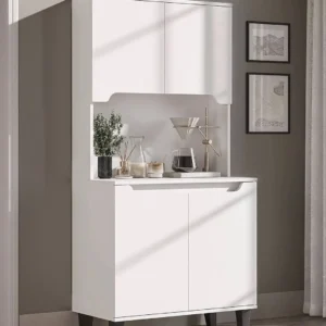 White station storage cabinet with upper cupboards, open coffee area and two-door lower storage