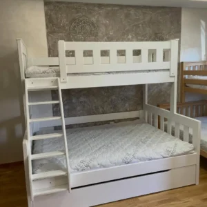 White steamed beech double decker bed with ladder, 140×200 lower bed, 90×200 upper bed and pull-out drawer