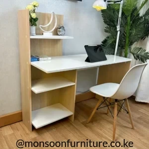White study desk with light wood-grain side panels, open shelves and raised hutch shelf in a compact workspace