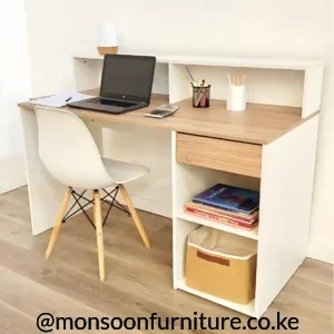 White study desk with light wood-tone top, raised bookshelf, drawer and open side storage in a bright room.
