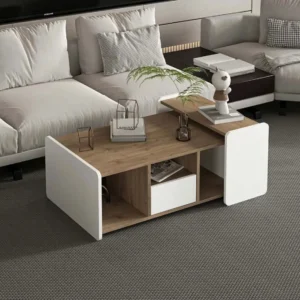 wood two-piece nesting coffee table with open storage compartments in a neutral living room