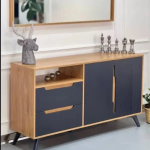 Wood and charcoal console table with two drawers, open shelf, cabinet doors and angled dark legs