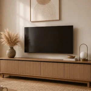 Wood-look slatted TV console with four ribbed storage fronts and short legs in a neutral living room