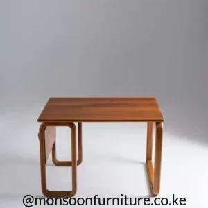 Wooden home office desk in warm brown finish with rectangular top and asymmetric open-frame wooden base