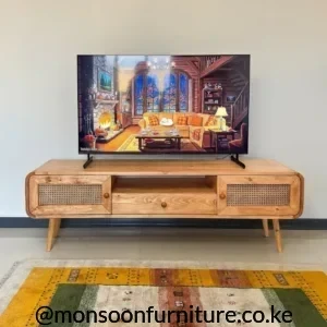 Natural-finish TV console with woven-look side doors, centre drawer, open shelf and tapered legs
