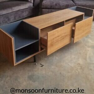 Walnut-look TV console with two open drawers, dark interior shelves and open storage compartments