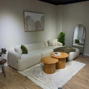 6 seater L shape sofa in light cream with rounded arms
