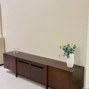 6ft dark walnut Muninga TV console with enclosed cabinet sections