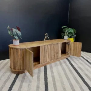 6ft mango wood storage console with ribbed front, curved end and open cabinet doors