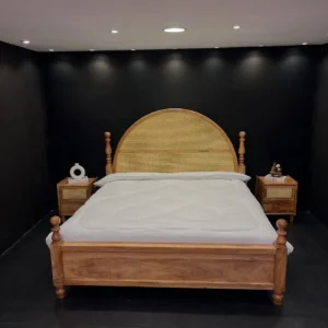 6×6 natural wood-tone bed with large arched woven headboard, turned posts and wooden footboard