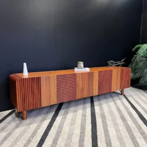 7ft brown fluted TV console with alternating ribbed cabinet fronts and raised feet
