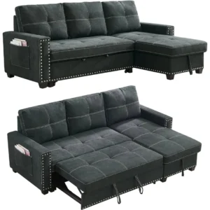 Charcoal grey sectional sofa bed shown with pull-out sleeping platform, lift-up chaise storage and dimension guide