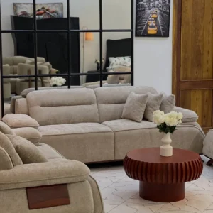 Beige 7-seater sofa set with cushioned arms and wooden-look accents 3-2-1-1