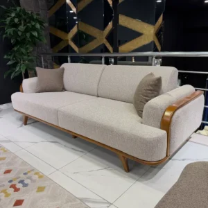 Contemporary 8-seater sofa set with cushioned arms and wooden-look trim