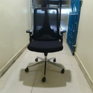 Black high-back mesh office chair with chrome-look wheeled base