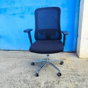 Black mid-back mesh office chair with lumbar support and wheeled base