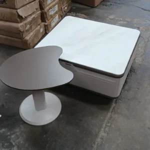 Modern two-piece coffee table set with white stone-look top and storage