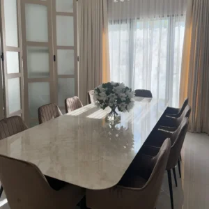 Adelphi marble 10-seater dining set with taupe upholstered chairs