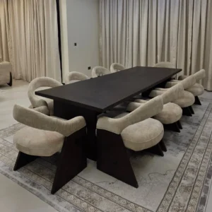 Alderland Mninga wood 10-seater dining set with light upholstered chairs