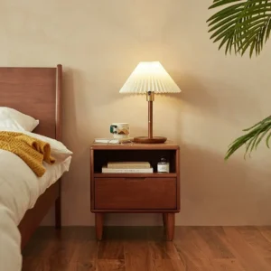 Mahogany bedside table with open shelf and single storage drawer
