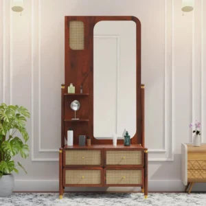 Brown Aldervale dressing table with tall mirror, four woven-look drawers and side shelves