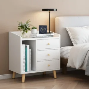 White bedside table with three drawers and vertical open storage