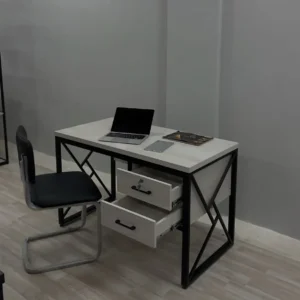 Light office desk with two drawers and black geometric frame