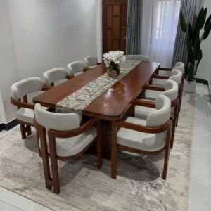 Monsoon Amberbourne mahogany 10-seater dining set with light upholstered chairs