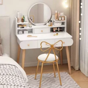White Amberbridge wooden dressing table with three drawers, organiser shelves and round wall mirror