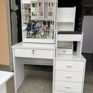 White Amberfield MDF dressing table with rectangular mirror, drawers and open shelves