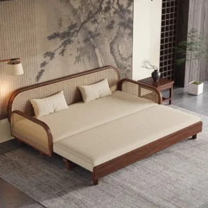 Amberford wood frame sofa bed shown with exposed pull-out slats and fully opened 5x6 cream sleeping cushions