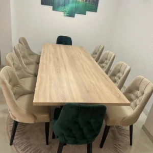 Amberhill wooden 10-seater dining set with beige and green upholstered chairs