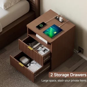 Brown fluted side table with two drawers and charging station