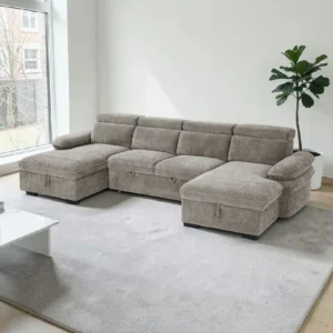 Taupe grey sectional sofa bed shown in seating, 4x6 pull-out bed and dual lift-up storage configurations