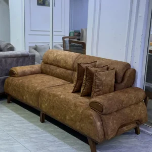 Monsoon Ambrose brown upholstered sofa with rounded padded arms and wood-tone legs