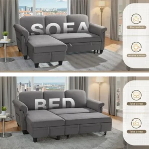 Grey pull-out sofa bed shown in sofa and opened bed configurations