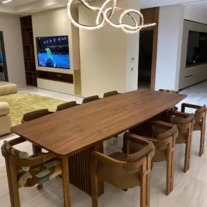 Arlington 10-seater dining set with warm brown table and upholstered chairs