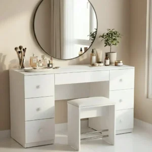 White Armitage MDF dressing table with seven drawers and round wall mirror