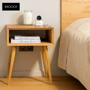 Mvule bedside table with open shelf and tapered wooden legs