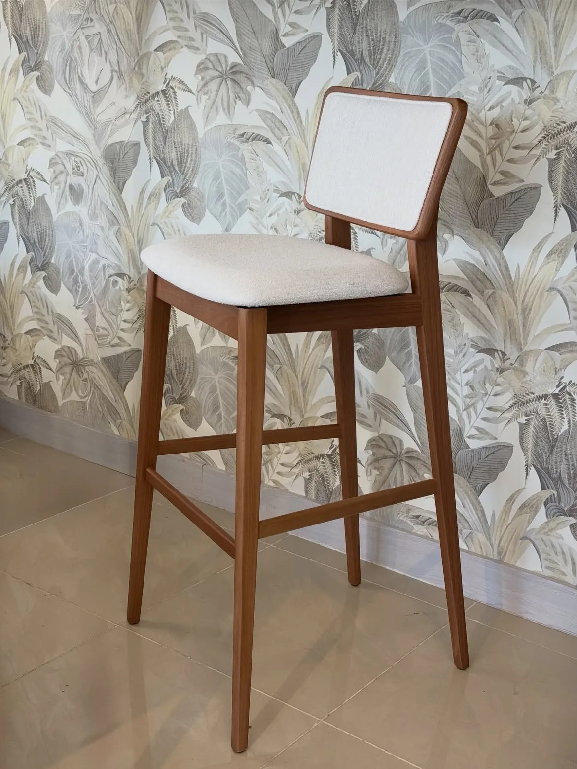 Ashbourne wooden bar stool with cream upholstered seat and backrest