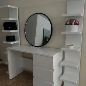 Brown Ashbourne dressing table with illuminated mirror, five woven-look drawers and open shelves