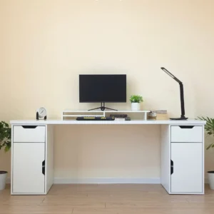 White office desk with two drawers two cabinets and raised monitor shelf