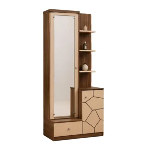 Brown Ashford wooden dressing table with full-length mirror, open shelves and geometric storage fronts